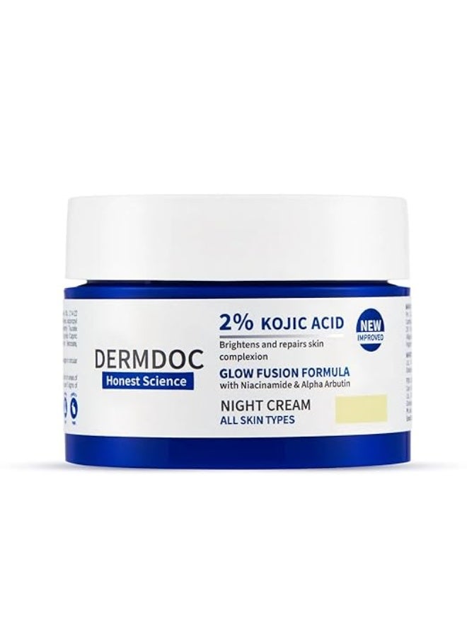 DERMDOC 2% Kojic Acid Glow Fusion Formula Night Cream with Niacinamide & Alpha Arbutin for Skin Brightening (80 gm) | Face Cream I Night Cream I Kojic Acid Brightening Cream I Glowing Skin - Image 1